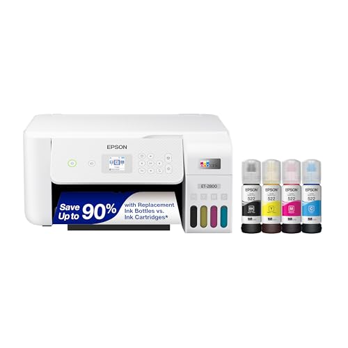 Epson EcoTank ET-2800 Wireless Color All-in-One Cartridge-Free Supertank Printer with Scan and Copy ? The Ideal Basic Home Printer - White, Medium