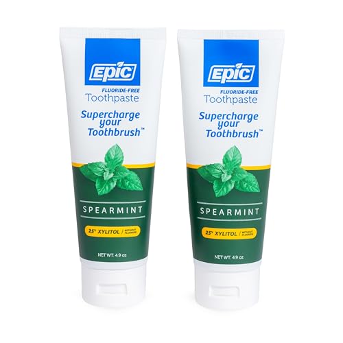 Epic Xylitol Toothpaste - Made with Xylitol for Clean Teeth & Gum Health - Fluoride Free Toothpaste Adult - SLS Free, Spearmint Flavored, 4.9oz Tube (Pack of 2)