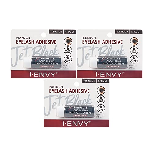 i-Envy Semi-Permanent Lash Glue Adhesive for Individual Cluster Lashes & Lash Extension (Jet Black 3 Pack), Waterproof Strong Hold, Long-Lasting Up to 2 Weeks, Latex-Free, Perfect for Sensitive Eyes