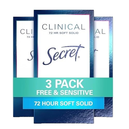 Secret Clinical Strength Antiperspirant Deodorant for Women, Free & Sensitive, 3X Stress Protection, 72hr Sweat & Odor Protection, PH Balancing Minerals, Soft Solid, Unscented, 1.6 oz (Pack of 3)