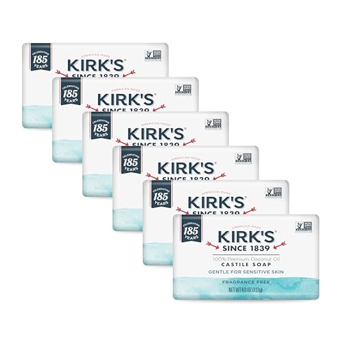 Kirk's Castile Bar Soap for Men, Women & Children - Made with Premium Coconut Oil, Sensitive Skin Formula- Vegan & Non GMO- Fragrance Free- 4 oz. Bars 6 Pack