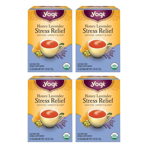 Yogi Tea Honey Lavender Stress Relief Tea - 16 Tea Bags per Pack (4 Packs) - Organic Chamomile Lavender Tea - Includes Lemon Balm, Lemongrass, Spearmint Leaf, Peppermint Leaf, Honey Flavor & More