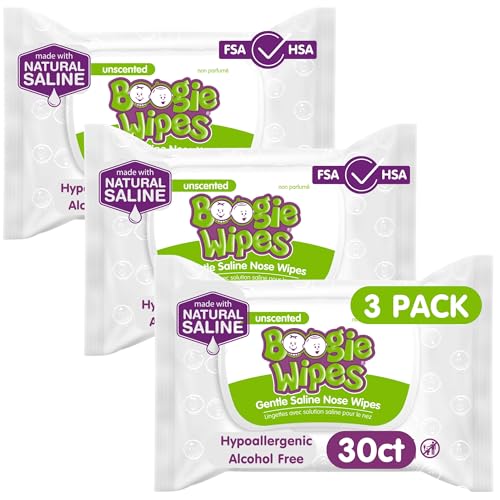 Saline Nose Wipes by Boogie, for Baby & Kids, Face, Hand & Body, FSA/HSA Eligible, Made with Vitamin E, Aloe, and Natural Saline, Unscented, 30 Count (Pack of 3)