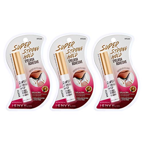 i?ENVY Super Strong Hold Eyelash Adhesive, Waterproof, 48-Hour Long-Lasting Lash Glue, Latex-Free, Hypoallergenic, Quick-Drying with Brush-On Applicator for Strip Lashes (Clear, 3 Pack)