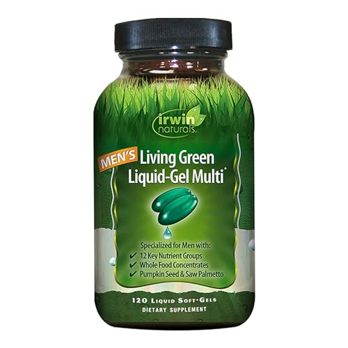 Irwin Naturals Men's Living Green Liquid-Gel Multi - 70 Essential Nutrients, Full-Spectrum Vitamins, Wholefood Blend - Targeted Adrenal & Brain Support - 120 Liquid Softgels