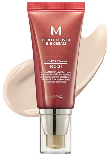 MISSHA M Perfect Cover BB Cream No.21 Light Beige - Light with Cool Undertone SPF 42 PA +++1.69 Fl Oz - Tinted Moisturizer for face with SPF