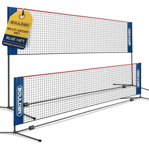 BOULDER Portable Badminton Pickleball Net - Foldable / Extendable Poles for Multiple Sports Heights (UP to 5 ft) - Ideal for Tennis, Pickleball, Soccer Tennis - Easy Setup (Blue, 14 FT)
