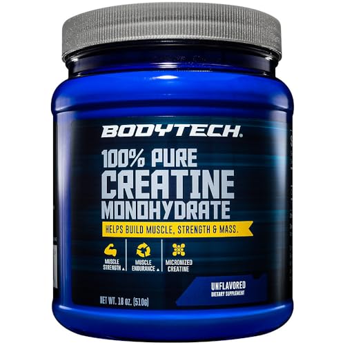 BodyTech 100% Pure Creatine Monohydrate Powder - Premium Micronized Creatine for Enhanced Muscle Strength and Performance - Supports Muscles, Recovery, and Increased Exercise (18oz/102 Servings)